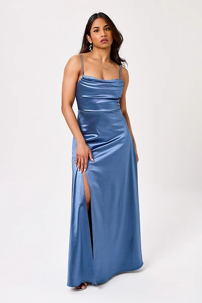 Satin Spaghetti Strap Pleated Bust Maxi Dress with Side Slit