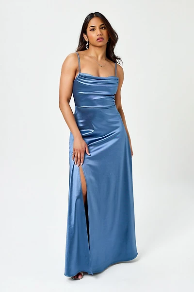 Satin Spaghetti Strap Pleated Bust Maxi Dress with Side Slit