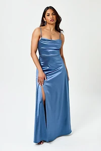 Satin Spaghetti Strap Pleated Bust Maxi Dress with Side Slit