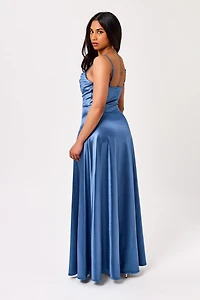 Satin Spaghetti Strap Pleated Bust Maxi Dress with Side Slit