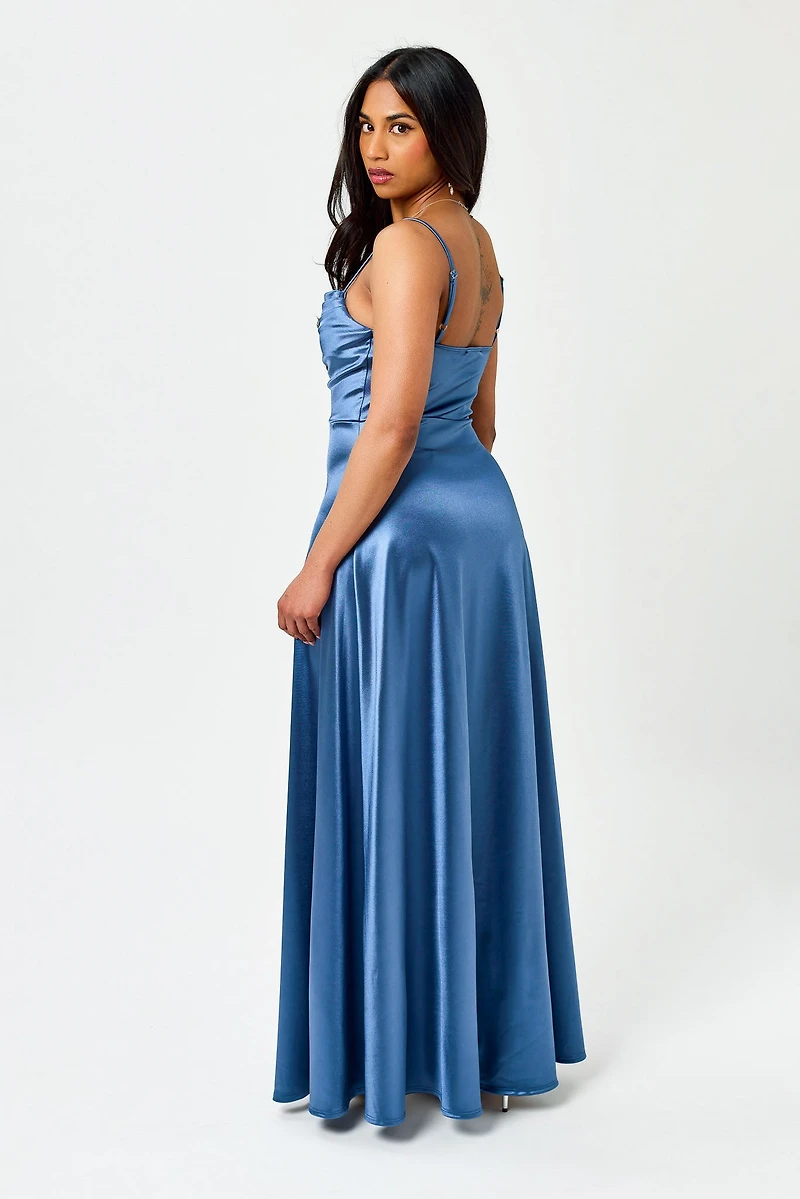 Satin Spaghetti Strap Pleated Bust Maxi Dress with Side Slit