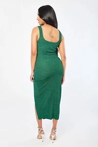Glitter Fukuro Square-Neck Midi Dress with Side Slit
