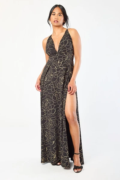 Floral Foil Maxi Dress with Side Slits and Shorts