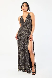 Floral Foil Maxi Dress with Side Slits and Shorts