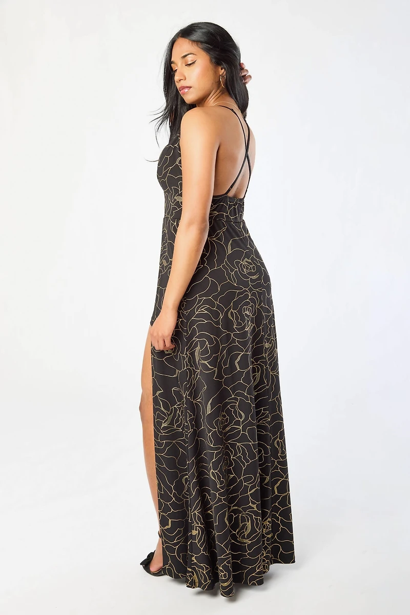 Floral Foil Maxi Dress with Side Slits and Shorts