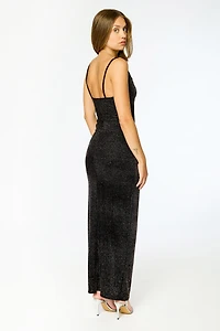 Glitter Velvet Drape-Neck Spaghetti-Strap Maxi Dress with Side Slit