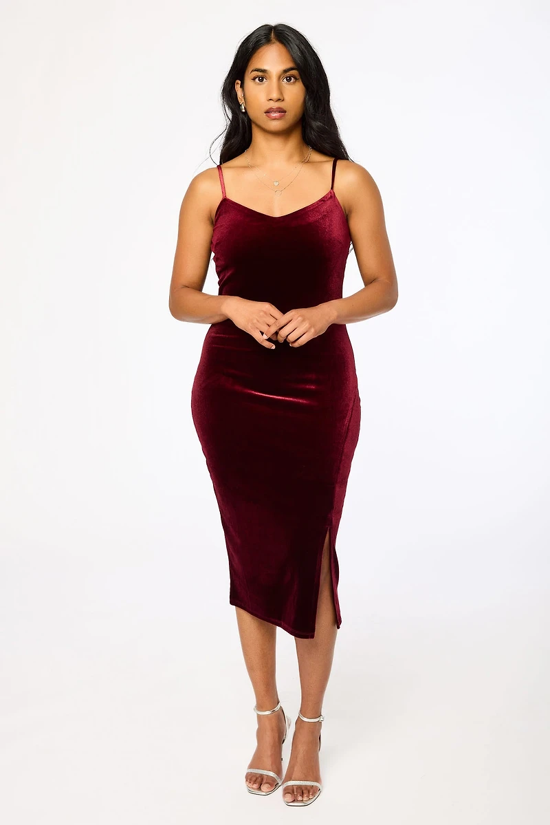 Velvet Spaghetti-Strap Midi Dress with Side Slit