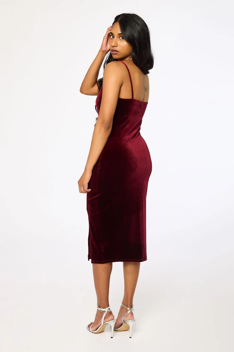 Velvet Spaghetti-Strap Midi Dress with Side Slit