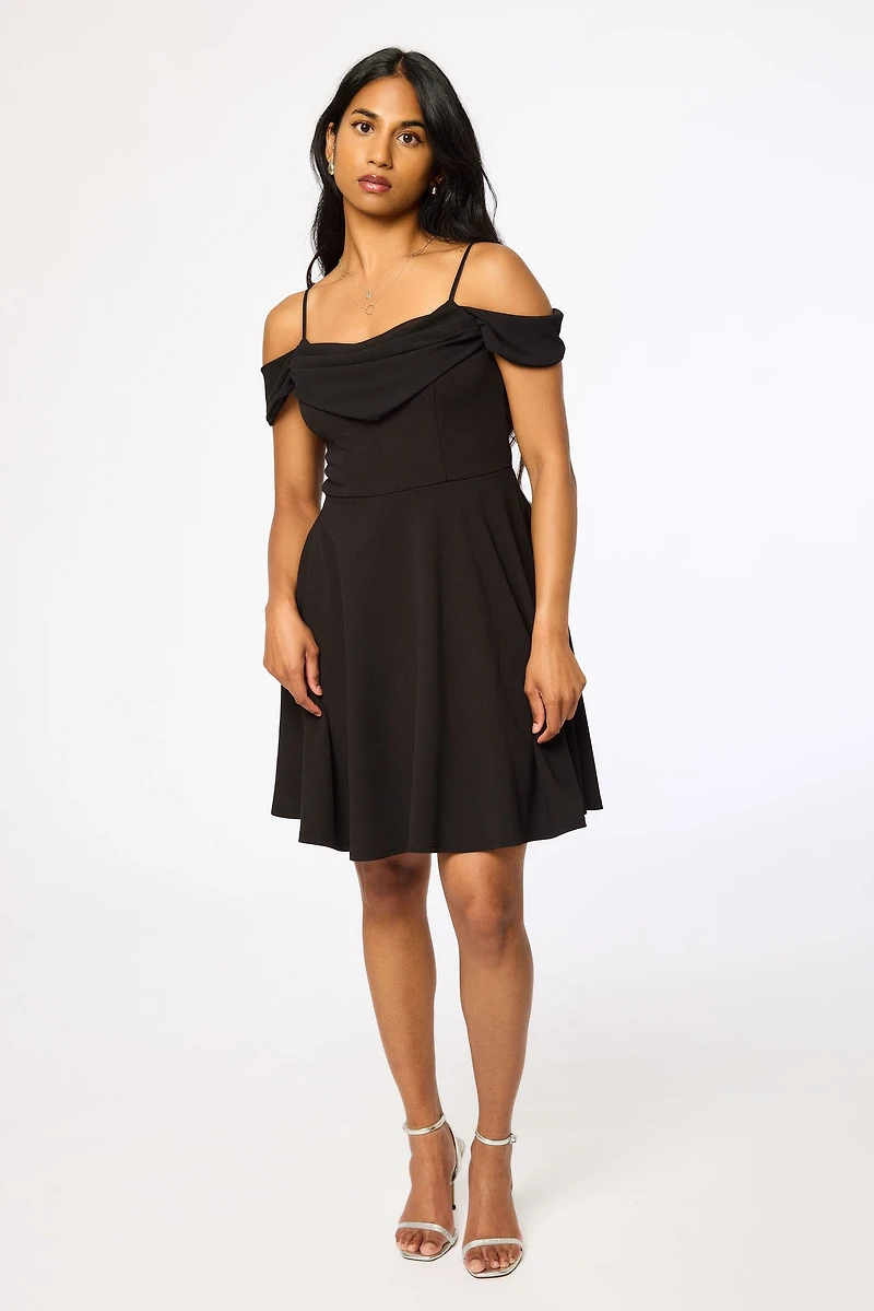 Stretch Crepe Off-The-Shoulder Skater Dress with Chiffon Trim