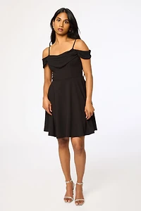 Stretch Crepe Off-The-Shoulder Skater Dress with Chiffon Trim