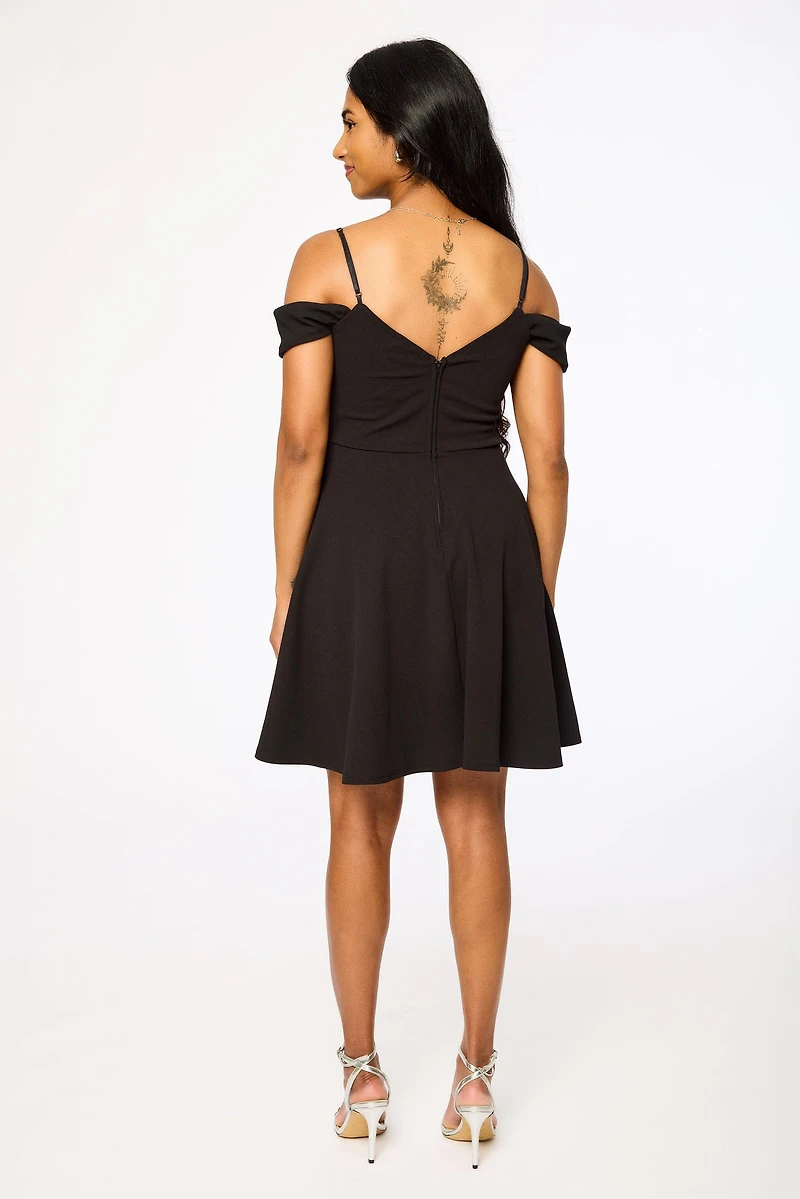 Stretch Crepe Off-The-Shoulder Skater Dress with Chiffon Trim