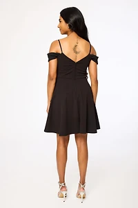 Stretch Crepe Off-The-Shoulder Skater Dress with Chiffon Trim