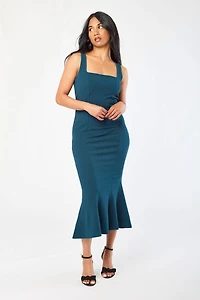 Stretch Crepe Square-Neck Flared Midi Dress