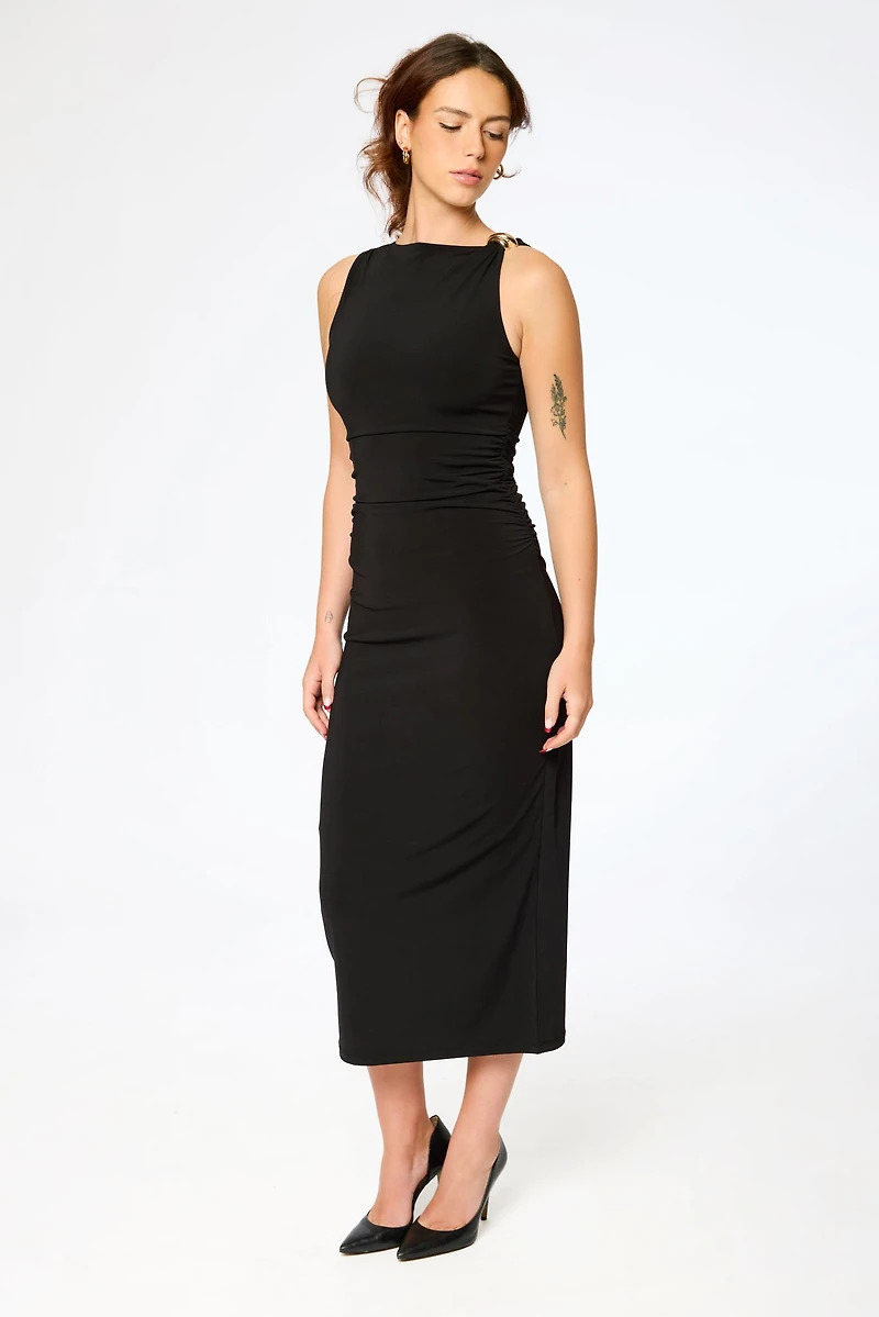 Ruched Sleeveless Midi Dress with Hardware Detail