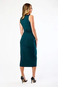 Ruched Sleeveless Midi Dress with Hardware Detail