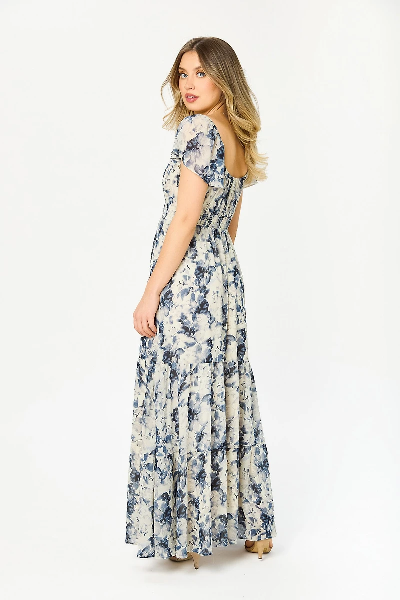 Floral Chiffon V-Neck Flutter-Sleeve Maxi Dress with Smocked Waist