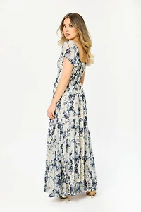 Floral Chiffon V-Neck Flutter-Sleeve Maxi Dress with Smocked Waist