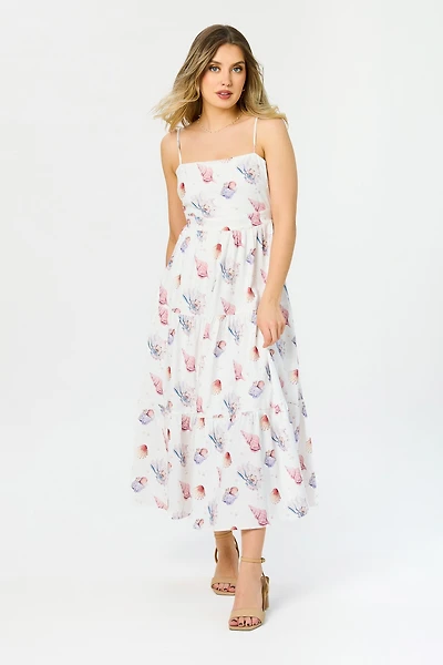 Shell Print Airflow Spaghetti-Strap Midi Dress