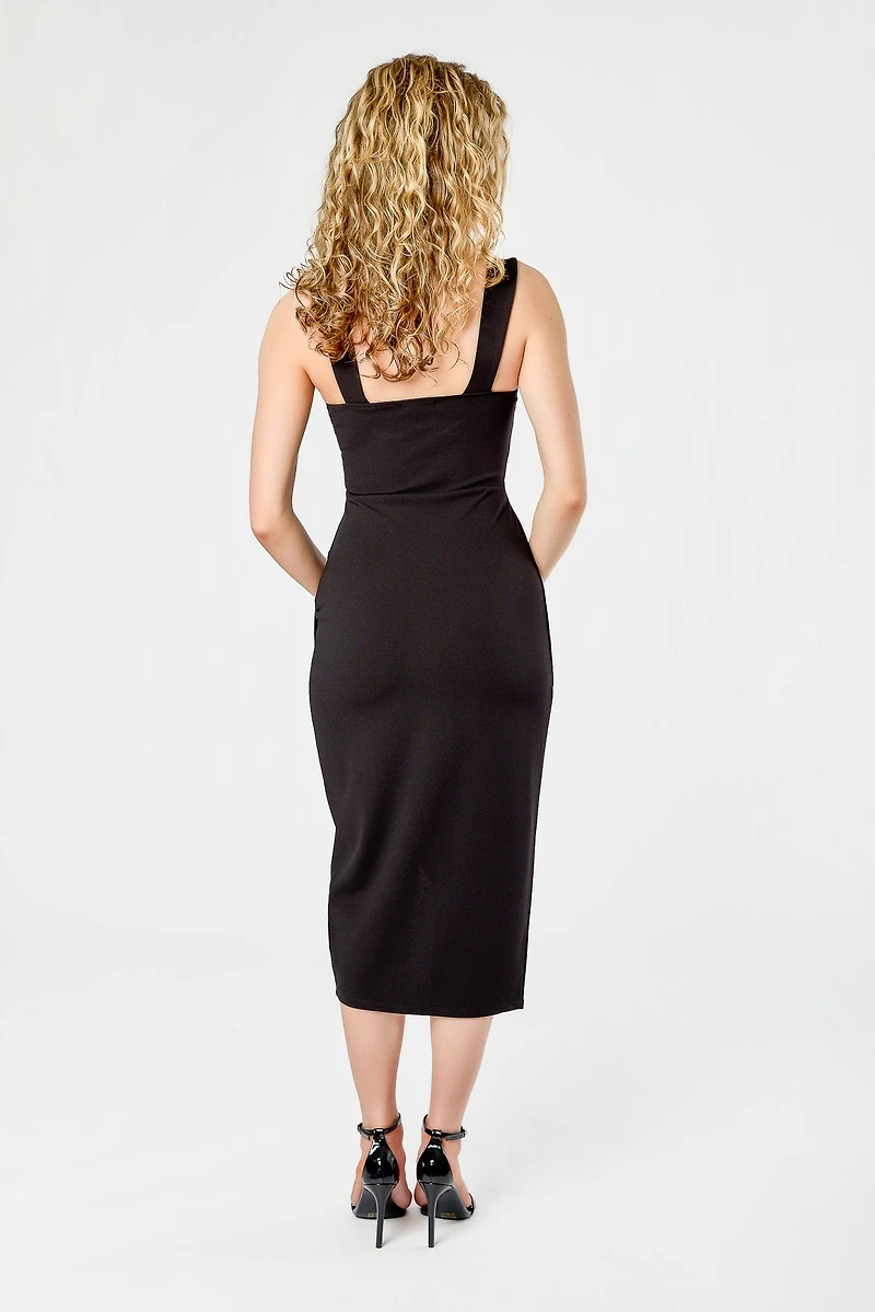 Wide-Strap Midi Dress with Crossover Skirt