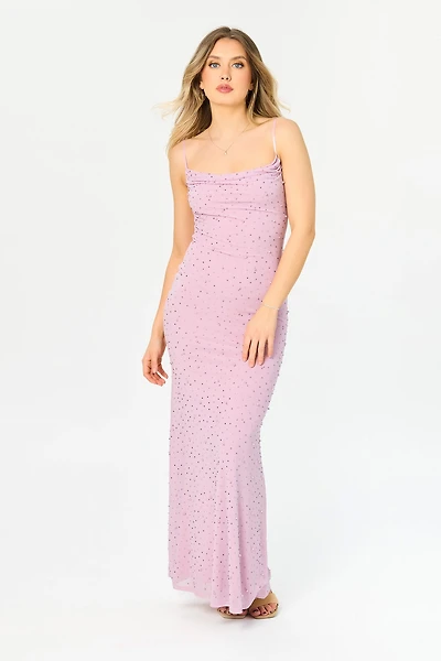 Pearl & Rhinestone Mesh Maxi Dress