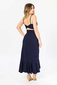 Stretch Crepe Ruffle Maxi Dress with Twisted Back
