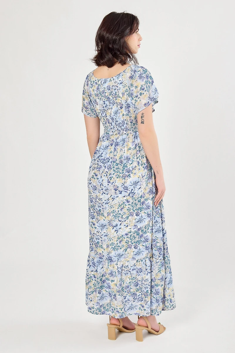Floral Flutter-Sleeve V-Neck Maxi Dress with Smocked Bust