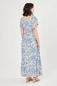 Floral Flutter-Sleeve V-Neck Maxi Dress with Smocked Bust