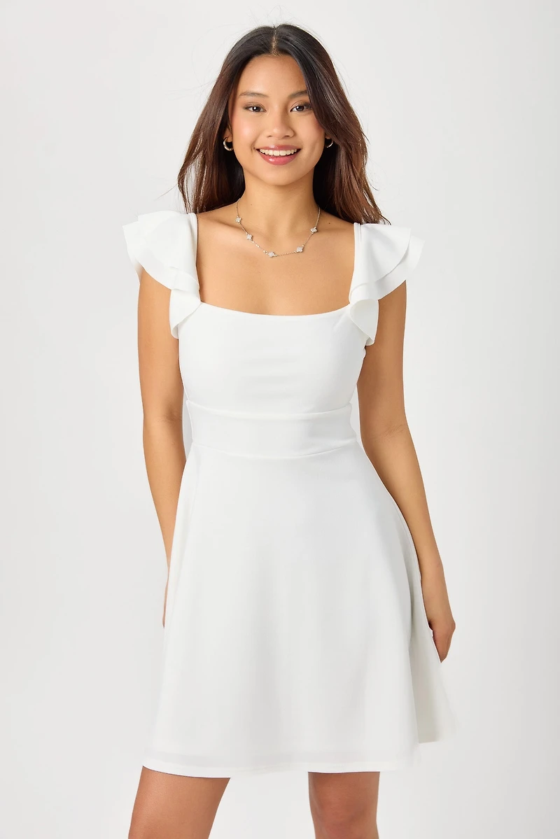 Stretch Crepe Flutter-Sleeve A-Line Dress with Tie-Back