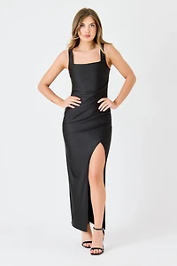 Satin Square-Neck Maxi Dress with Side Slit