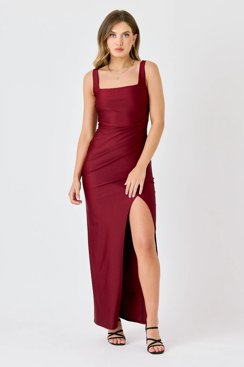 Satin Square-Neck Maxi Dress with Side Slit