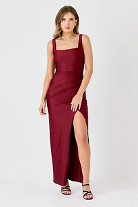 Satin Square-Neck Maxi Dress with Side Slit