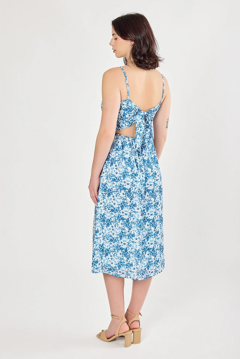 Small Floral Spaghetti-Strap Midi Dress with Tie-Back