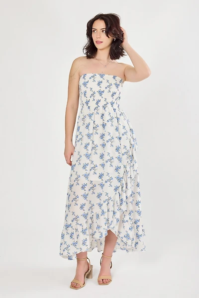 Small Floral Smocked Strapless Dress with Ruffle Hem