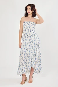 Small Floral Smocked Strapless Dress with Ruffle Hem