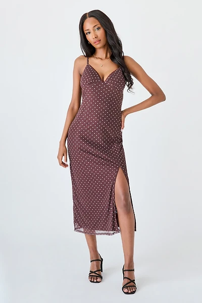 Polka-Dot Recycled Mesh Lace-Trim Midi Dress