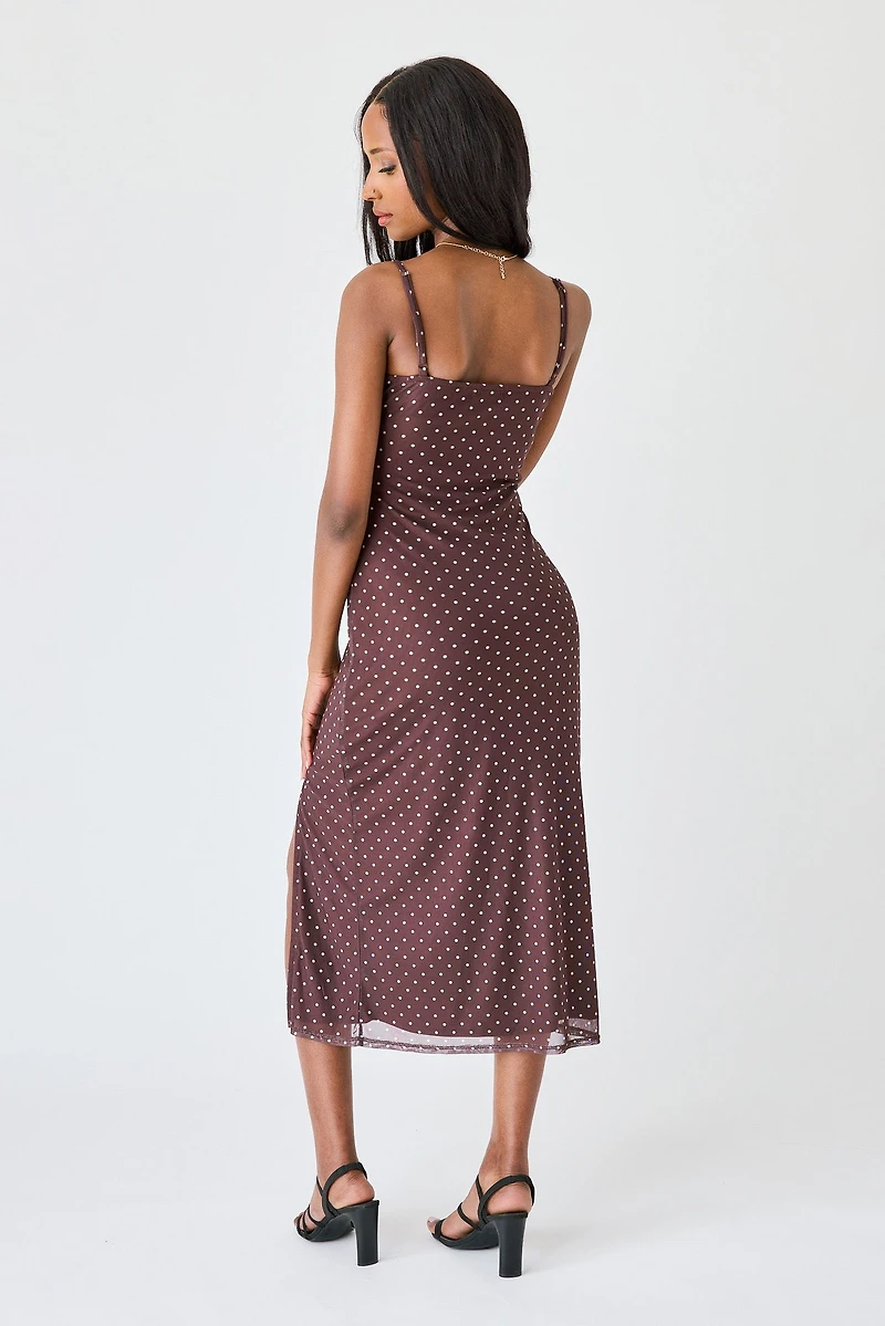 Polka-Dot Recycled Mesh Lace-Trim Midi Dress