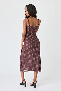 Polka-Dot Recycled Mesh Lace-Trim Midi Dress
