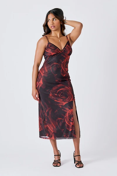 Rose Mesh Lace-Trim Midi Dress