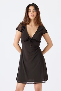 Mesh V-Neck Ruffle Dress