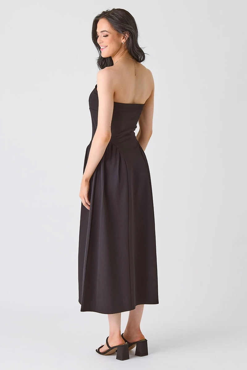 Stretch Crepe Strapless Midi Dress with Side Slit & Structured Cups