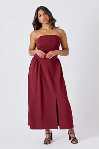 Stretch Crepe Strapless Midi Dress with Side Slit & Structured Cups