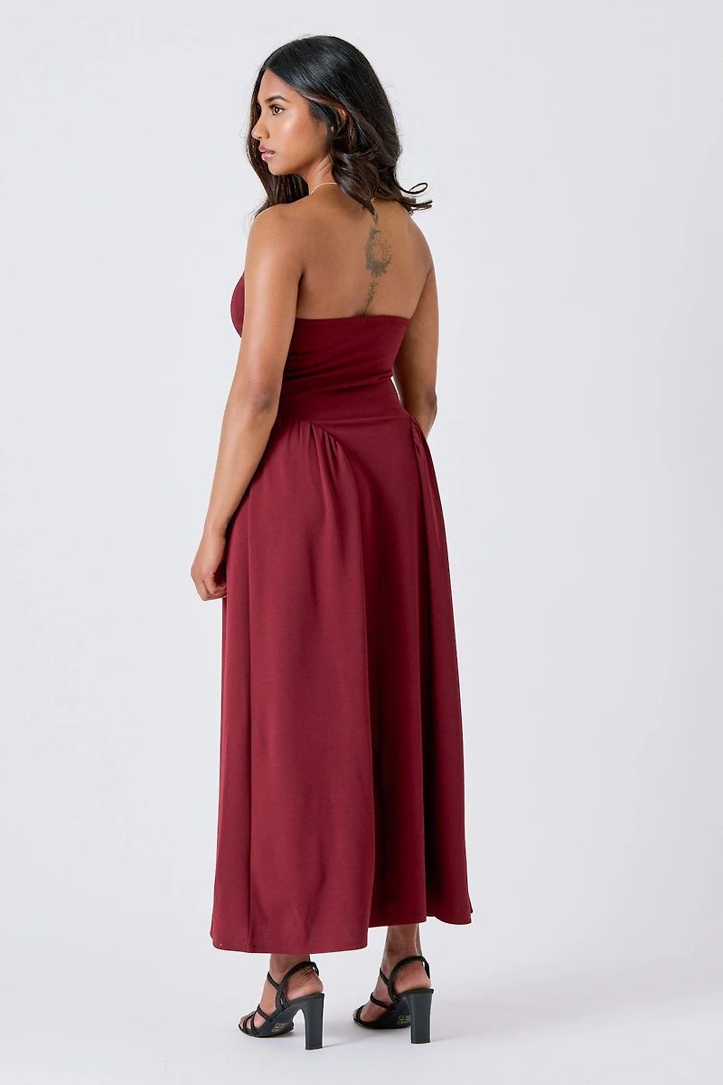 Stretch Crepe Strapless Midi Dress with Side Slit & Structured Cups