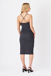 Polka Dot Spaghetti Strap Drape Neck Midi Dress with Side Slit