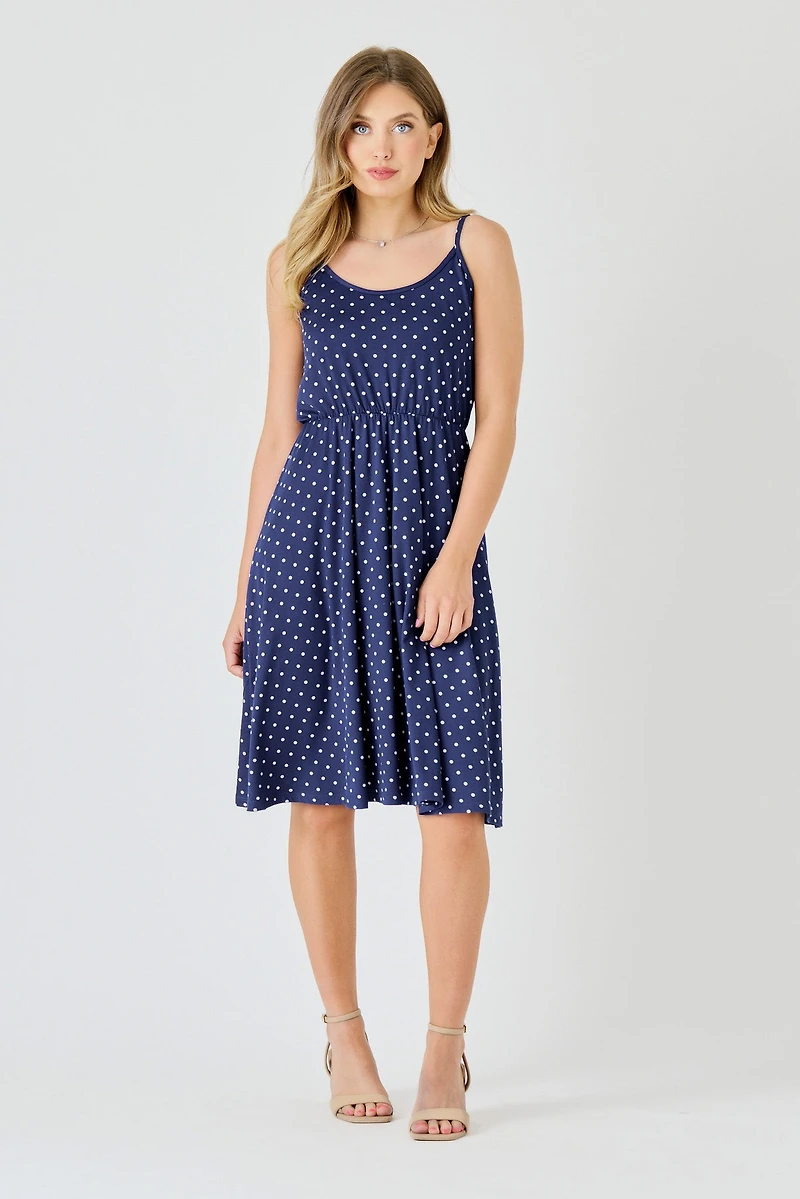 Polka Dot Brushed Spaghetti Strap Midi Dress