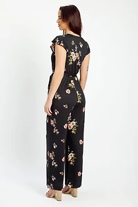 Floral Flutter Sleeve Crossover Jumpsuit with Tie-Belt