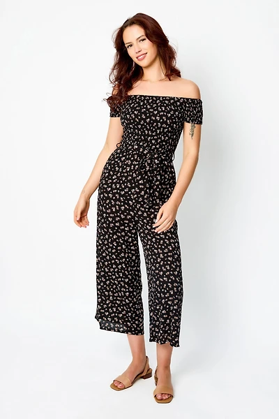 Ditsy Smocked Off-The-Shoulder Jumpsuit with Tie-Belt