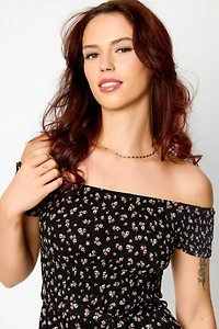 Ditsy Smocked Off-The-Shoulder Jumpsuit with Tie-Belt