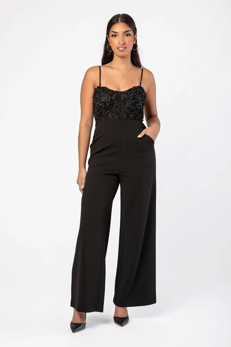 Sweetheart Neckline Spaghetti Strap Jumpsuit with Rosette Corset Bodice