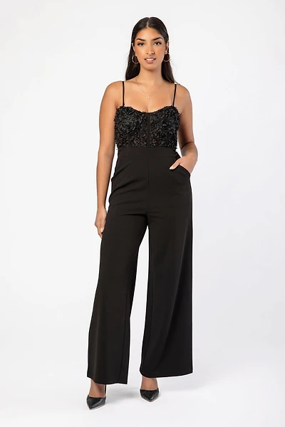 Sweetheart Neckline Spaghetti Strap Jumpsuit with Rosette Corset Bodice