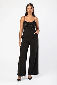 Sweetheart Neckline Spaghetti Strap Jumpsuit with Rosette Corset Bodice